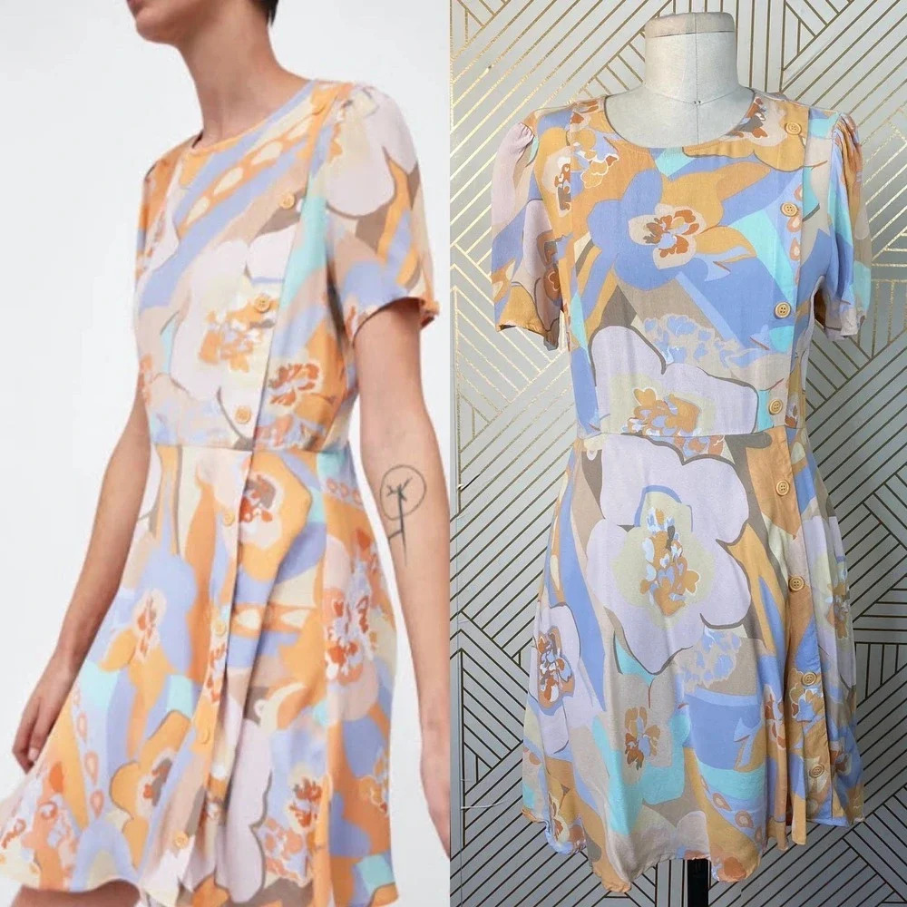 Zara Dress Allover Floral Print Retro Button Pastel Multicolor Size Medium